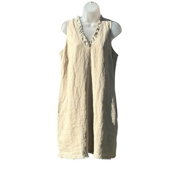 TOMMY BAHAMA Women Sz M Natural Two Palms Double Ruffle Linen Sleeveless Dress. - Picture 2 of 11